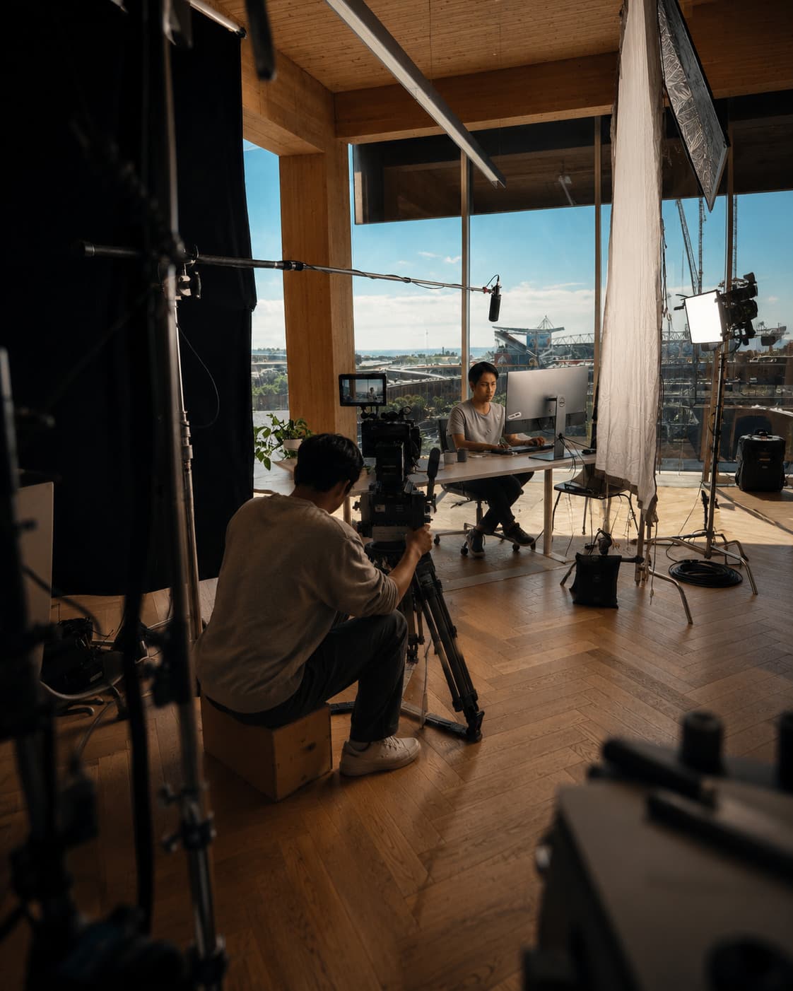 Operator on an apple box framing a desk scene against the window